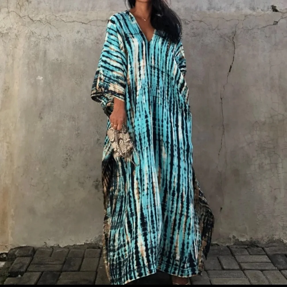 SOLD OUT Blue Boho Tie Dye Kaftan Kimono Dress - Picture 4 of 8